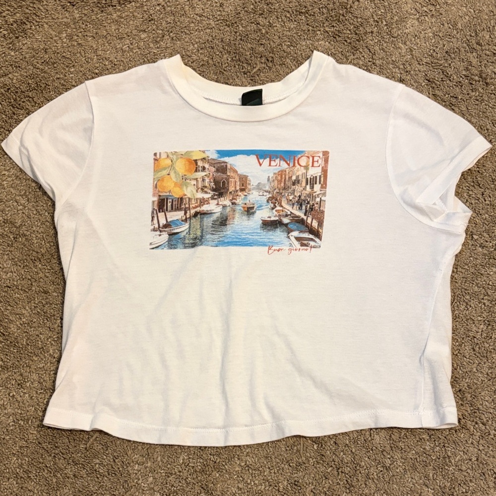 White Venice Graphic Cropped T-Shirt